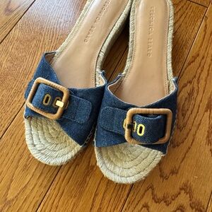 Veronica Beard Denim Blue Espadrille Slide Sandals with Wood-Look Buckles